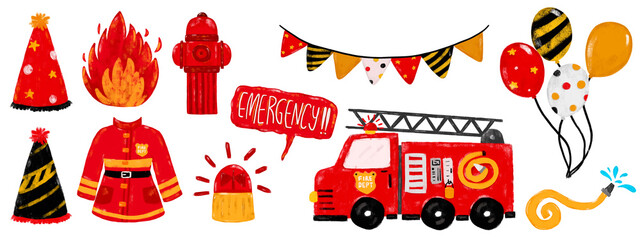 Cute set hand drawn red fire engine truck birthday party  theme balloons greeting card kids doodle watercolor crayon fun illustration design png clipart