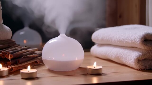 Aroma diffuser vaporizing on wooden table
