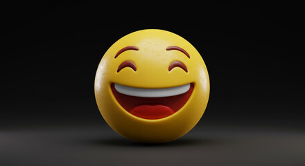 Fototapeta premium Yellow Smiling Emoji Showing Teeth with Closed Eyes Against Black Background