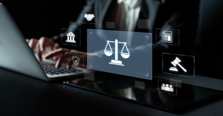 Legal compliance and governance concept showing justice scale, courthouse, contract, policy,...