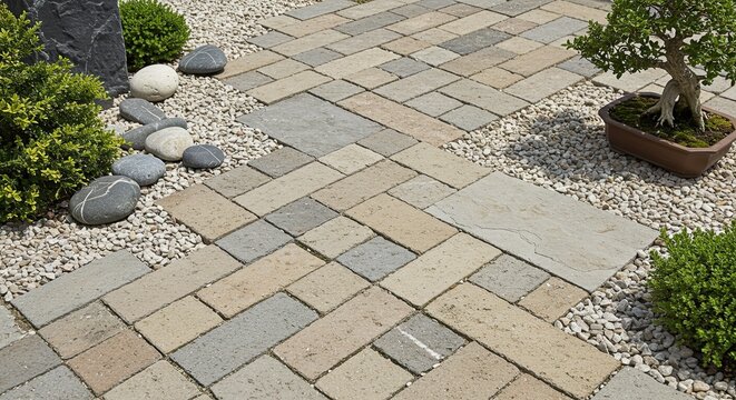 Serene garden pathway featuring interlocked paving stones and decorative pebble ground covering
