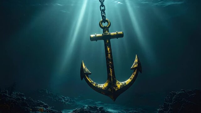 Golden anchor hanging underwater with sunlight beams and dark depths
