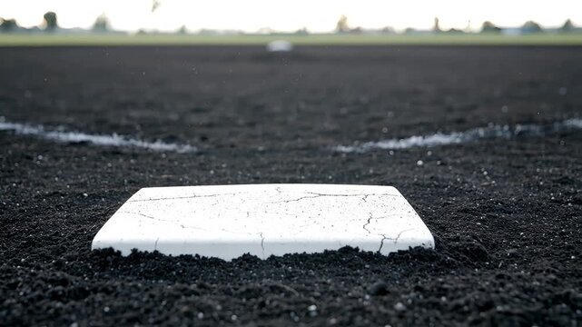 Low-angle, close-up shot of a white home plate sitting on dark dirt with a subdued sky