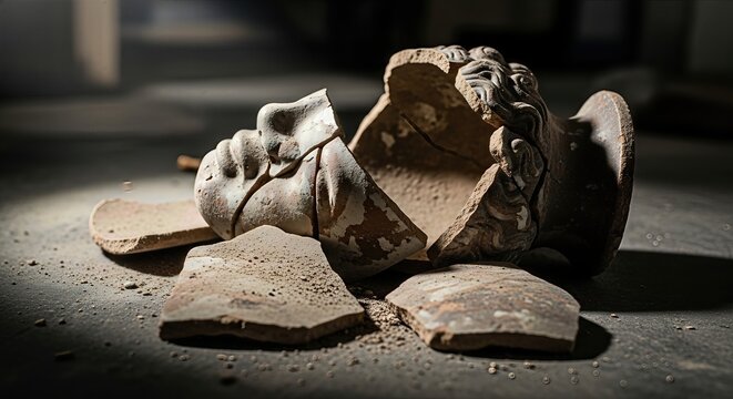 Broken antique cultural artifact lying fragmented on dark dusty floor. Ancient pottery vessel destruction, symbolizing global illegal trade, historical loss, and heritage devastation.
