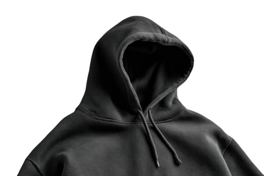 An empty black hoodie with its hood raised against a stark black backdrop creating a mysterious and anonymous silhouette, isolated on transparent background, perfect cutout, PNG