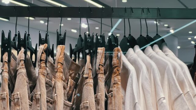 Brown Canvas Pants and Beige T-Shirts Hanging on Black Hangers | Clothing Rack Display in Fashion Store | Neutral Color Apparel Collection