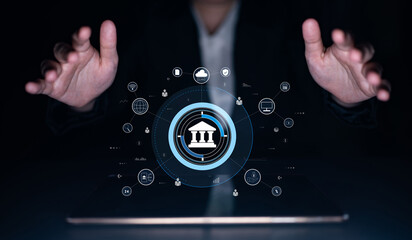 A global FinTech and digital banking network technology concept. A central financial system...