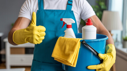 Person in apron holding cleaning supplies bucket and giving a thumbs up gesture in yellow gloves