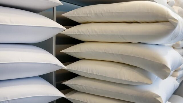 Organizing fluffy white pillows on shelves in a cozy home setting