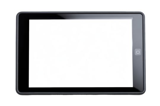 A modern black tablet computer with a blank white screen for copy space isolated on a black background, isolated on transparent background, perfect cutout, PNG