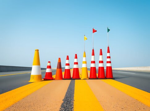 Ascending Bar Graph of Traffic Cones on Highway Illustrating Business Growth and Progress
