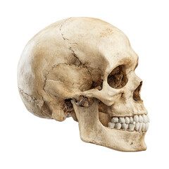 Obraz premium A realistic human skull in a side profile view with a full set of teeth isolated on a plain black background, isolated on transparent background, perfect cutout, PNG