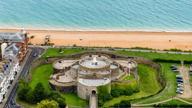 Aerial drone view of historic Deal Castle, a Tudor artillery fort on the Kent coast
