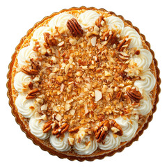 An elegant round cake decorated with swirls of white frosting whole pecans and a crunchy nut topping sits on a golden plate against a dark backdrop