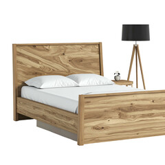 A wooden bed with white linens next to a black lamp on a tripod stand