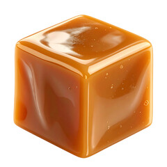 Close-up shot of a single, glossy, golden-brown candy cube isolated against a dark background