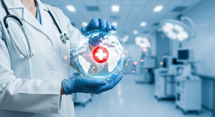 Doctor holds globe with medical cross in operating room representing global healthcare network
