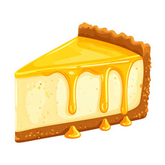 Animated cartoon slice of cheesecake with a graham cracker crust, dripping with golden syrup