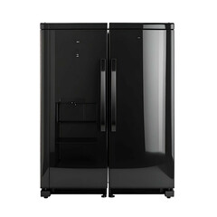 Shiny, black double-door appliance, glossy finish, minimal design, set against a black backdrop