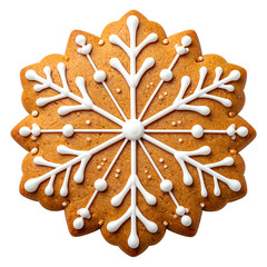A gingerbread snowflake cookie with white icing details, isolated on a black background