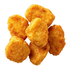 A delicious pile of crispy golden fried chicken nuggets shown from an overhead perspective against a black background, isolated on transparent background, perfect cutout, PNG