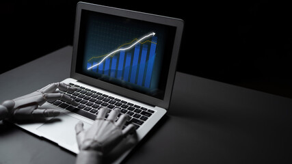 Fototapeta premium A robotic hand engages with a laptop featuring a vibrant digital graph, illustrating the intersection of technology and finance in modern data analysis and growth. Impute