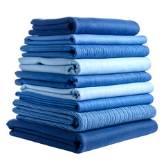 A neatly stacked pile of folded textiles in various shades of blue