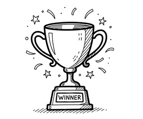  line art of a trophy with winner text and confetti