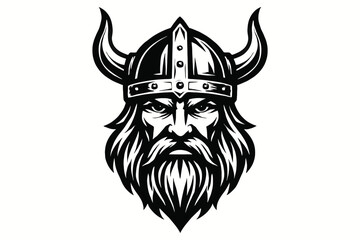 Fierce viking warrior with horned helmet and long beard in black and white illustration
