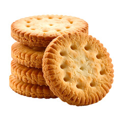 A stack of golden, round crackers with ridged edges and small holes, isolated on black