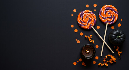 Flat lay of two Halloween lollipops and black candle on dark festive background