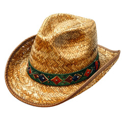 A woven straw hat with a colorful band, slightly angled on a transparent background