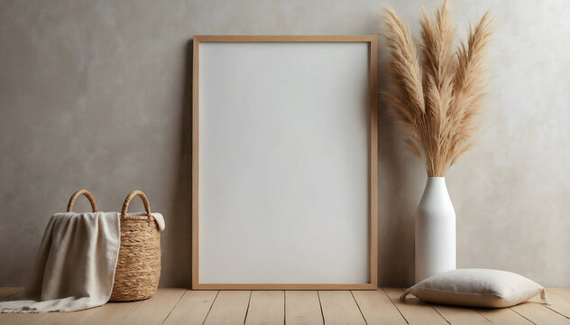 Empty frame leaning elegantly against a neutral wall, enhanced by natural elements. A sophisticated blend of minimalism