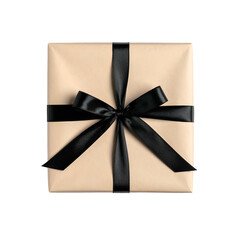 Square gift wrapped in light brown paper, tied with a black satin ribbon bow