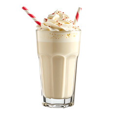 A tall, refreshing milkshake in a clear glass with whipped cream and striped straws