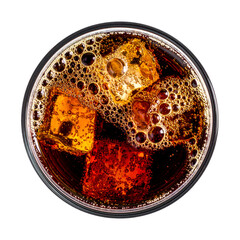 Overhead shot of a chilled, bubbly beverage in a glass with ice cubes, against a black backdrop
