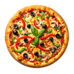 Overhead view of a delicious pizza featuring red/green peppers, olives, mushrooms, and basil