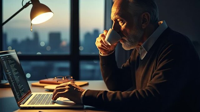 Senior man coding on laptop while drinking coffee in a dark office setting