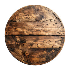 Overhead view of a circular, rustic wooden table top with visible grain and imperfections