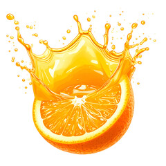 Vibrant orange slice erupts, creating juice splash with fine details, set against black