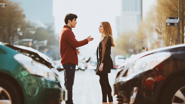 Two damaged cars are shown after a front-end collision, with a man and woman discussing the incident in the background. The scene captures the immediate aftermath of a minor urban traffic accident.