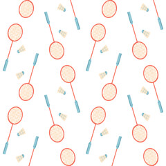 Flat colorful badminton seamless pattern with rackets and shuttlecock. Sport equipment and activity elements repeat in gym workout style. Perfect for fitness, hobby themes, or vibrant textile decor