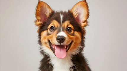 A joyful and energetic puppy sits in a professional studio setting, its tongue playfully sticking out as it looks directly at the camera