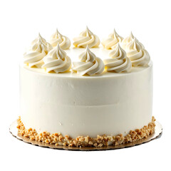A circular, layered cake with white frosting and piped swirls, sitting on a gold base