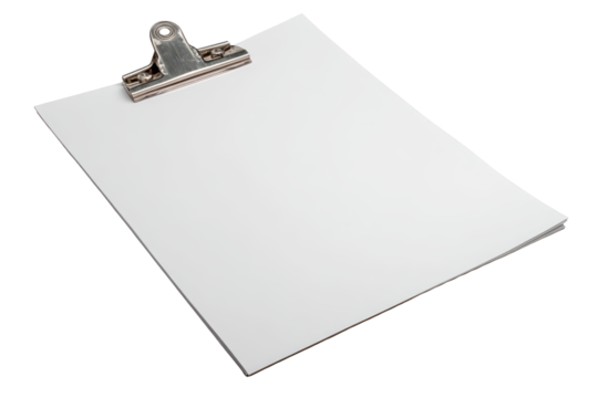 A clipboard holding blank white paper is angled against a solid black background ready for notes or a list, isolated on transparent background, perfect cutout, PNG