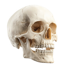 Obraz premium A realistic human skull viewed from a three quarter angle showing detailed anatomical structures like the eye socket jaw and teeth set against a solid black background
