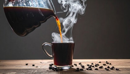 Pouring freshly brewed beverage into a clear glass cup, with rising steam creating a warm ambiance, scattered seeds are also included on a wooden surface, creating a cozy and inviting visual.