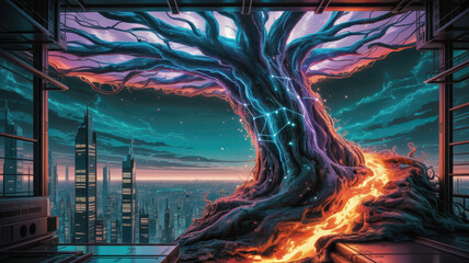 Futuristic tree with glowing roots in modern cityscape at night  
