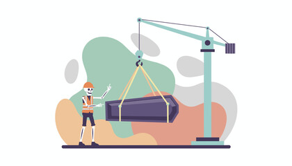 Skeleton worker directing crane lifting coffin Concept of death labor final arrangements macabre
