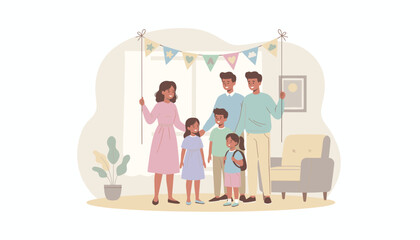 Diverse family happily celebrating at home holding a festive banner Joyful domestic lifestyle